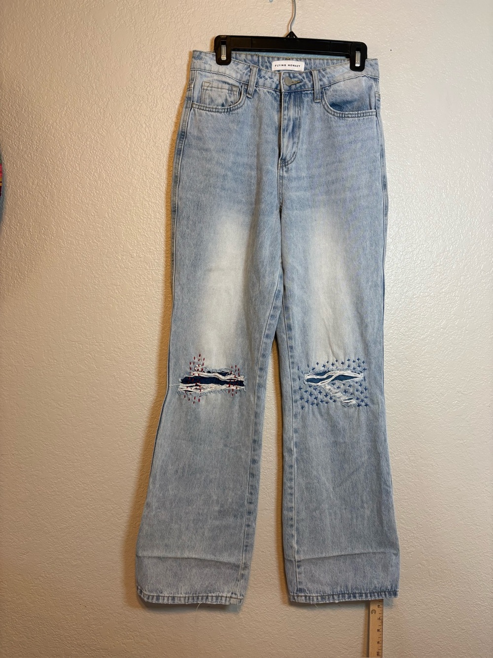 Flying Monkey Dad Jeans Embroidered Distressed Light Wash